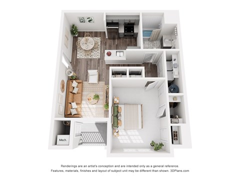 a 3d floor plan of a home with a bedroom and living room